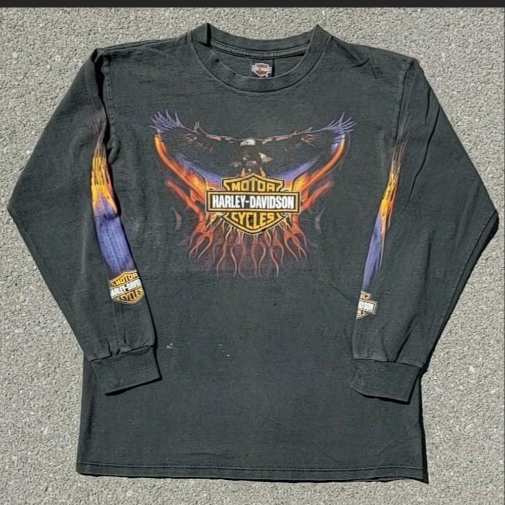 Vtg 2000 Harley Davidson Eagle Graphic Long Sleeve T-Shirt Medium Thrashed Y2K